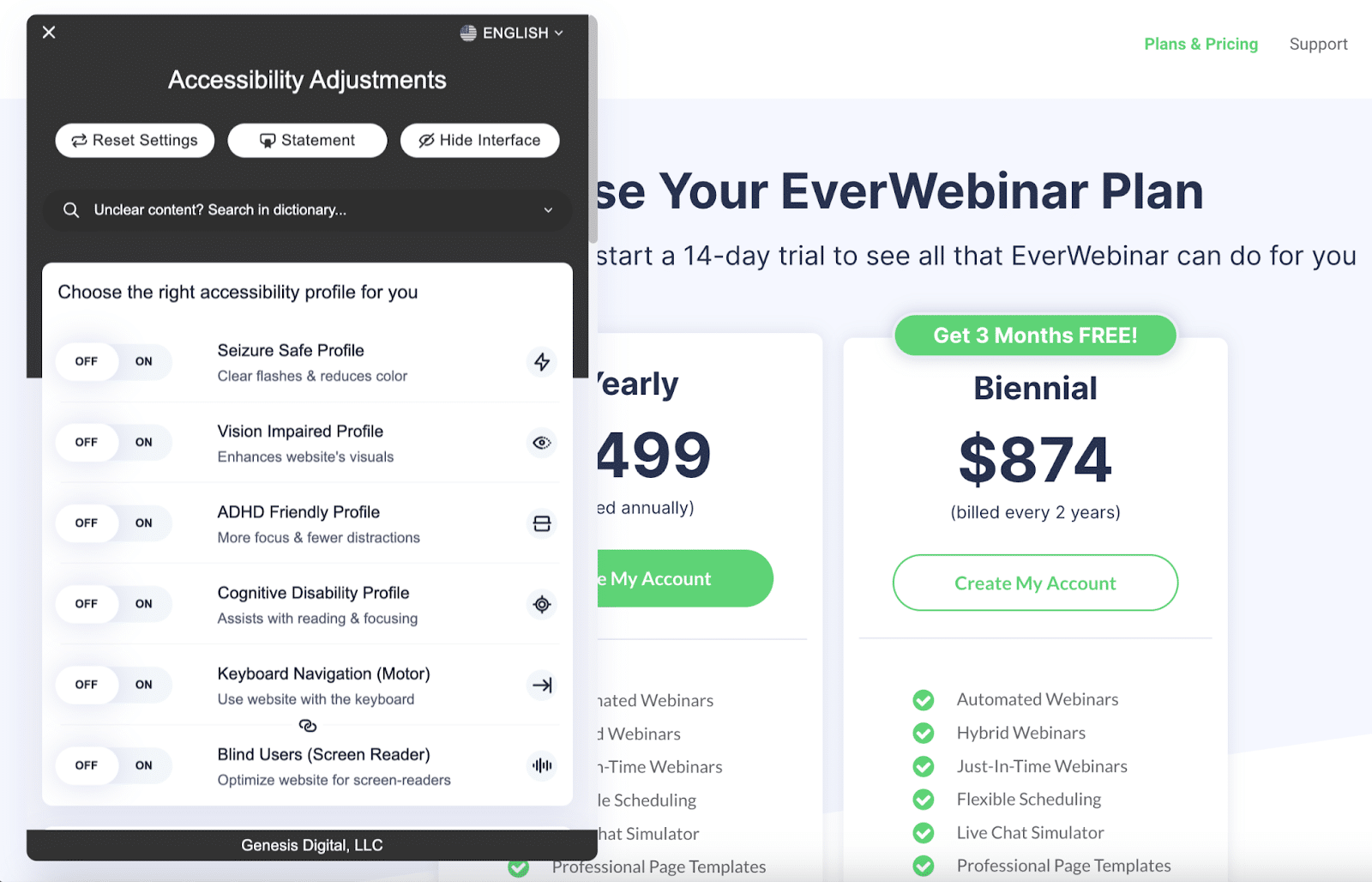 EverWebinar accessibility menu