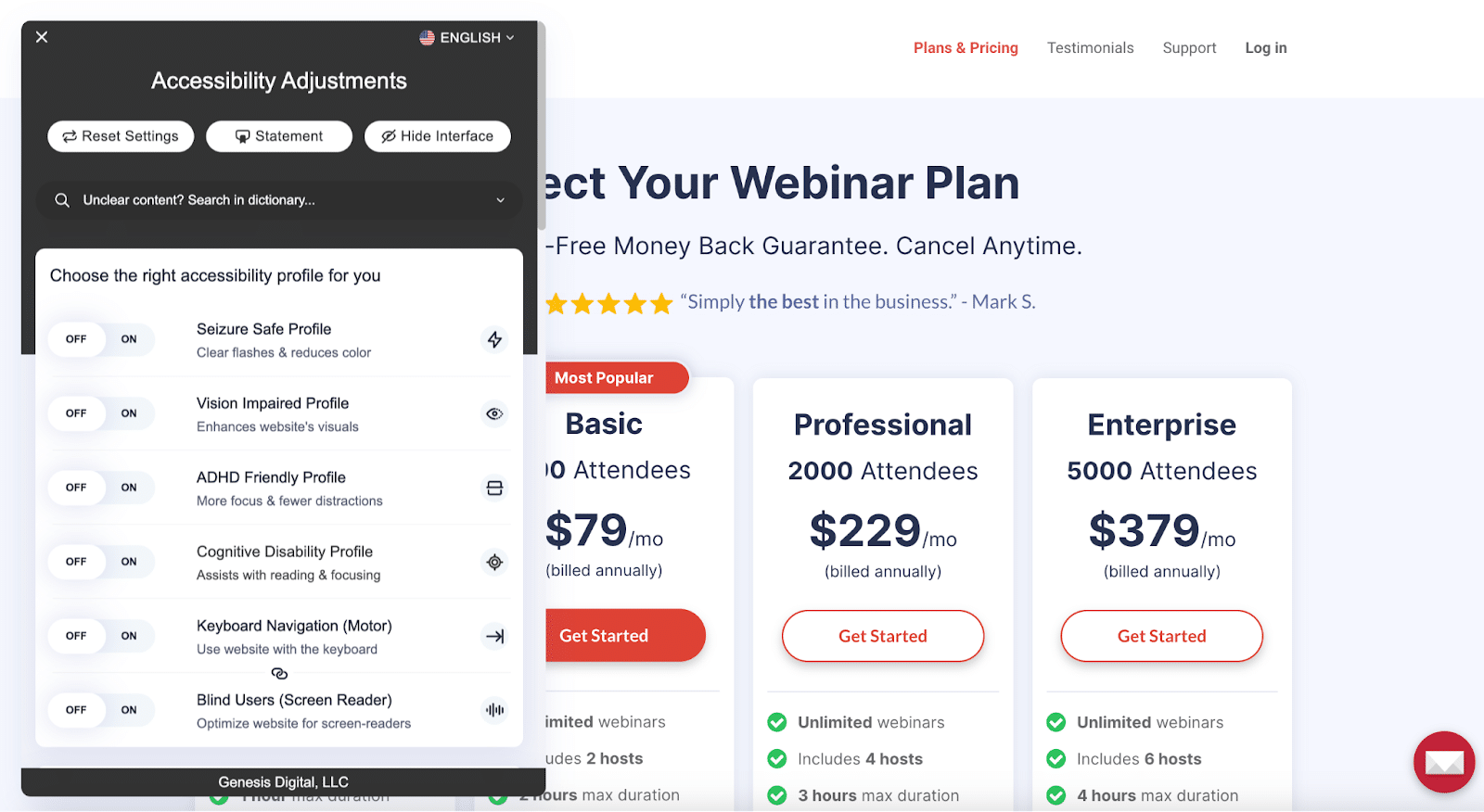 WebinarJam accessibility menu