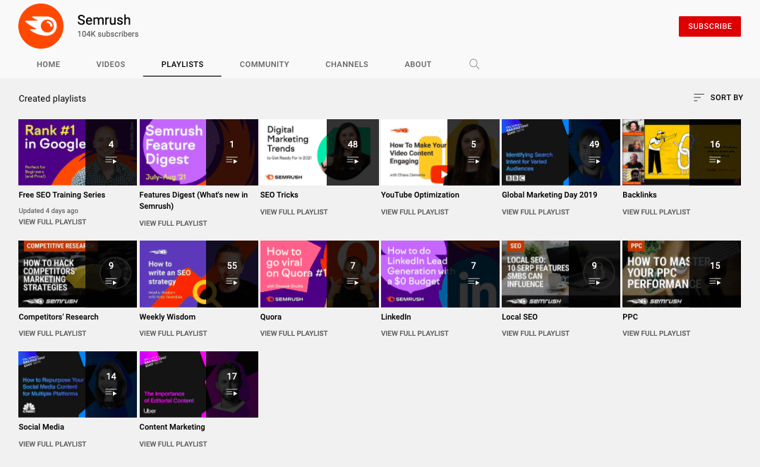 Semrush YouTube playlists