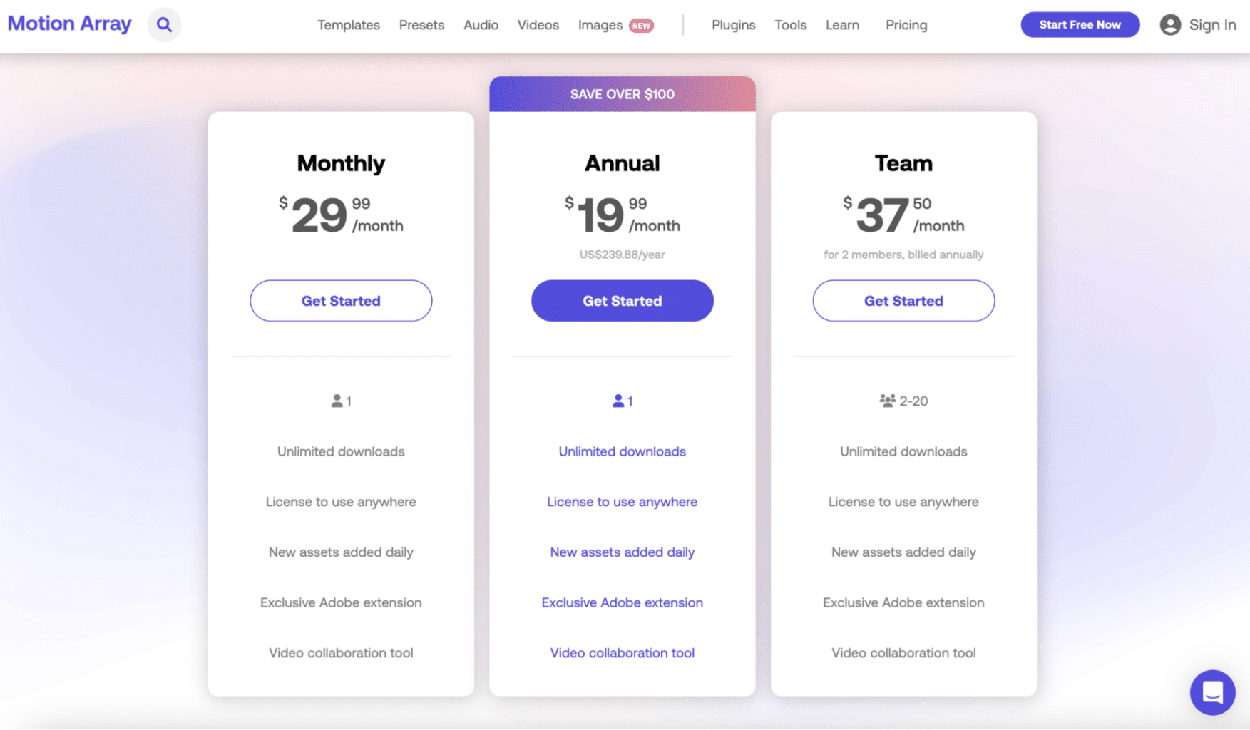 Motion Array pricing and plans